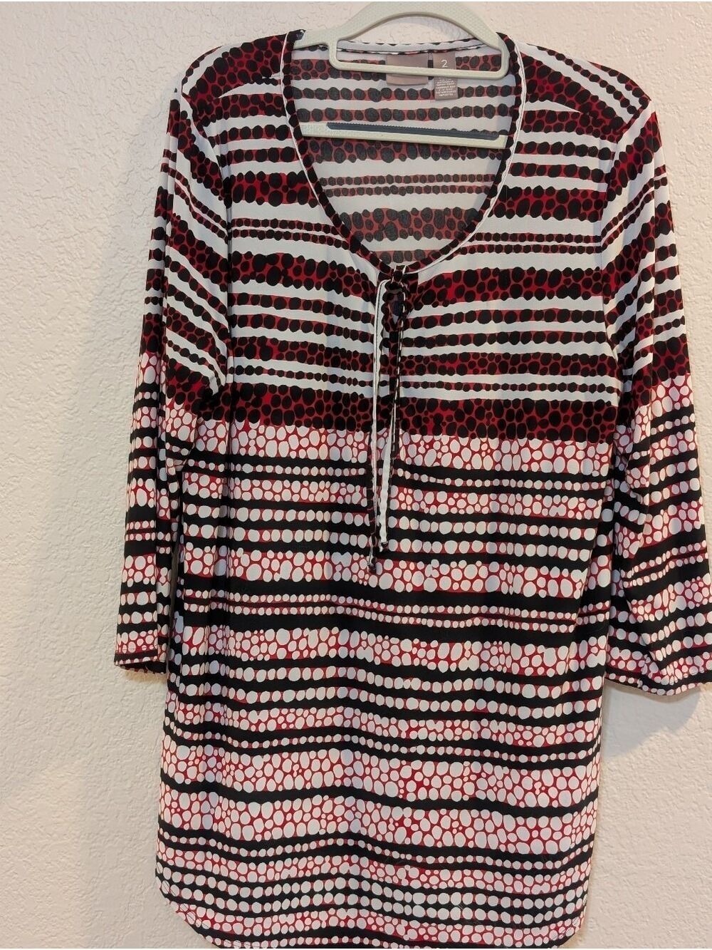 Chico's Red Black White Dot Stripe Tie Front Tunic Size 2 Large